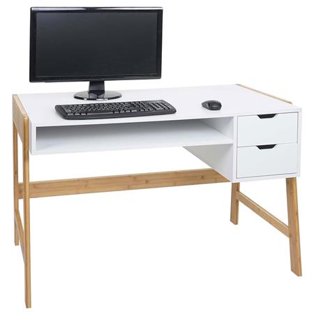 Scrivania per PC ALISHA, Stile Nordico, Pratica e Moderna, Con Cassetti, Bianco e Faggio