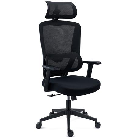 Sedia Ergonomica SUPRA, Confortevole, Supporto Lombare, Poggiatesta, Rete Traspirante e Tessuto, Nero
