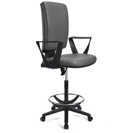Sgabello da lavoro ATLAS PELLE, Schienale Regolabile, Poggiapiedi, Grigio