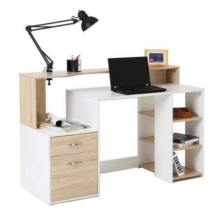 Scrivania da ufficio BOTINA, con Cassetti e Vani, 140x55x92 cm, In Legno, Rovere e Bianco