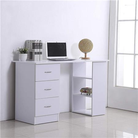 Scrivania Per PC LIAM, 120x49x72cm, con Cassetti e Vani, Legno Bianco